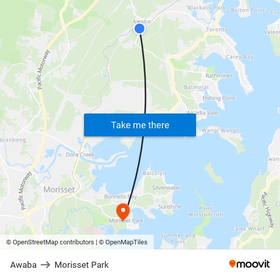 Awaba to Morisset Park map