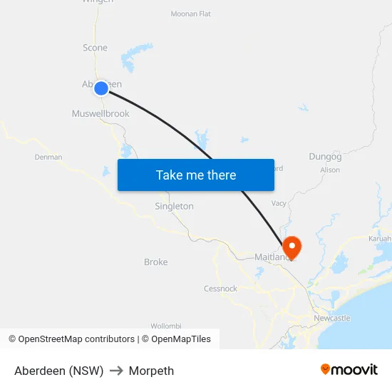 Aberdeen (NSW) to Morpeth map