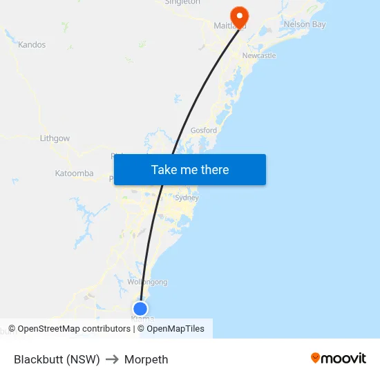 Blackbutt (NSW) to Morpeth map