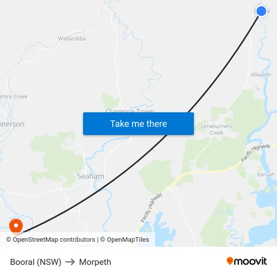 Booral (NSW) to Morpeth map