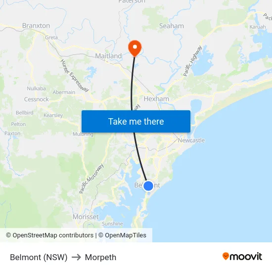 Belmont (NSW) to Morpeth map