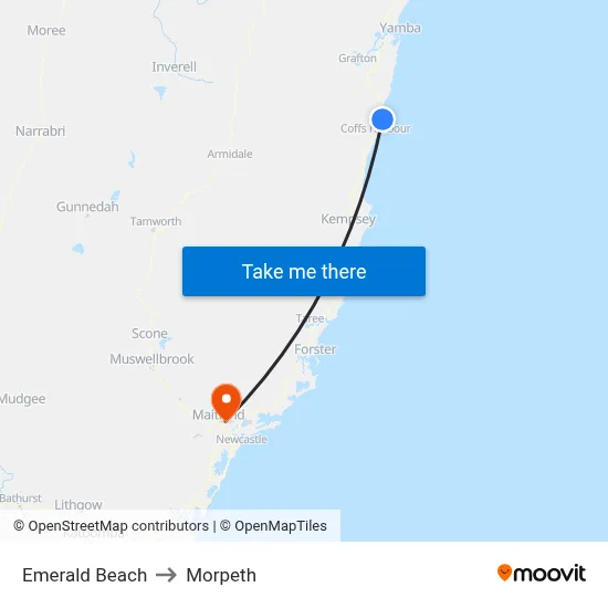 Emerald Beach to Morpeth map