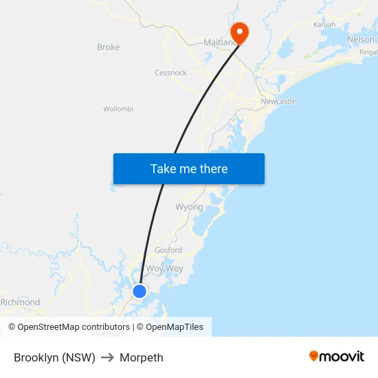 Brooklyn (NSW) to Morpeth map