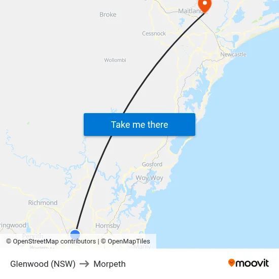 Glenwood (NSW) to Morpeth map
