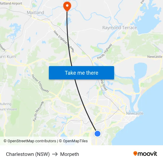 Charlestown (NSW) to Morpeth map