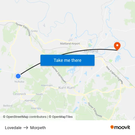Lovedale to Morpeth map