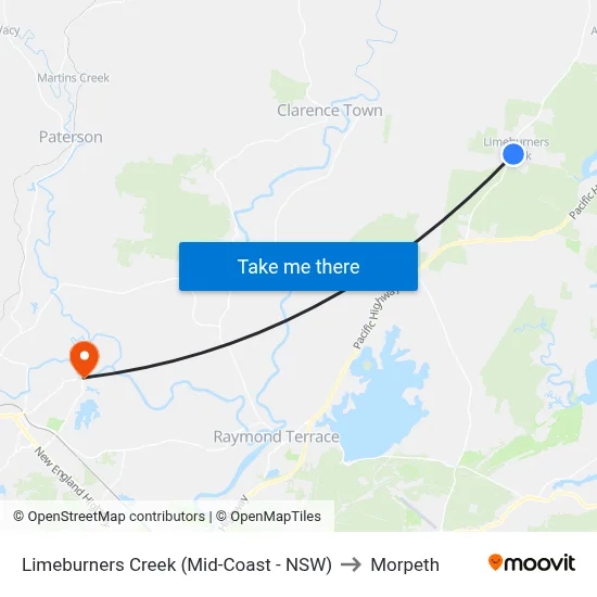 Limeburners Creek (Mid-Coast - NSW) to Morpeth map