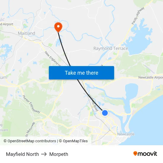 Mayfield North to Morpeth map