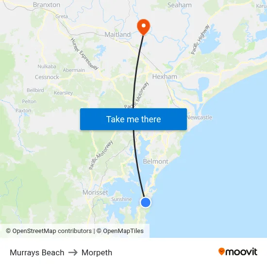 Murrays Beach to Morpeth map