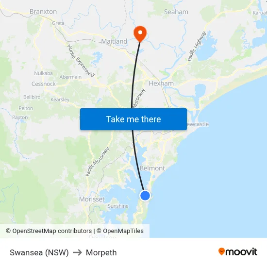 Swansea (NSW) to Morpeth map