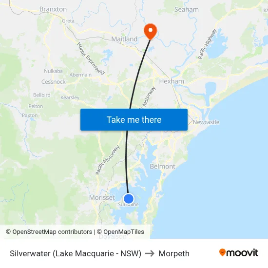 Silverwater (Lake Macquarie - NSW) to Morpeth map