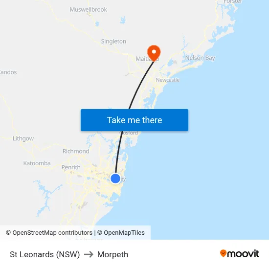 St Leonards (NSW) to Morpeth map