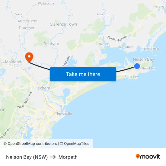 Nelson Bay (NSW) to Morpeth map