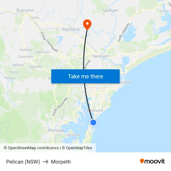 Pelican (NSW) to Morpeth map