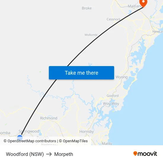 Woodford (NSW) to Morpeth map