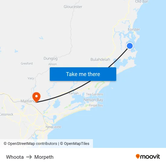 Whoota to Morpeth map