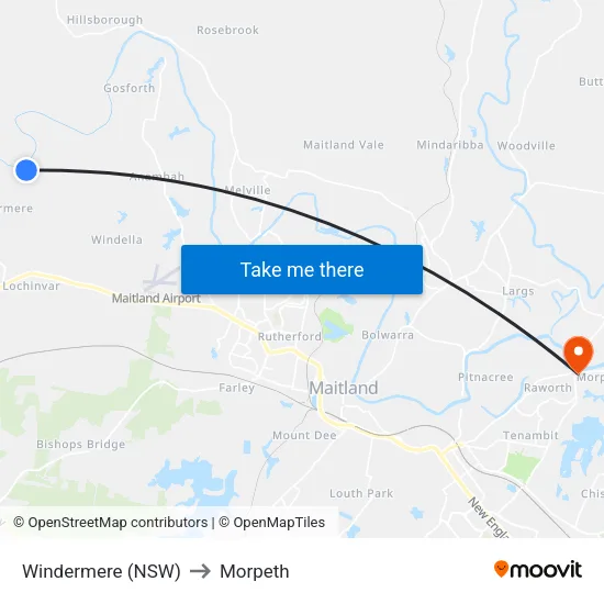 Windermere (NSW) to Morpeth map