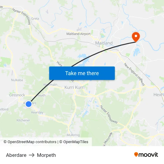 Aberdare to Morpeth map
