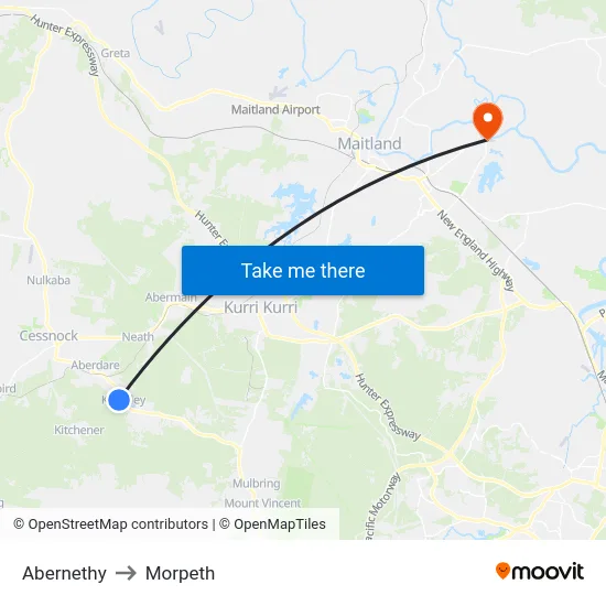 Abernethy to Morpeth map