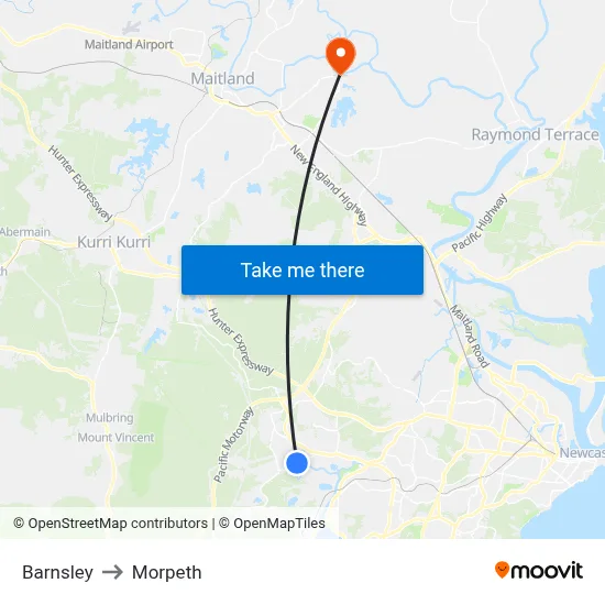 Barnsley to Morpeth map