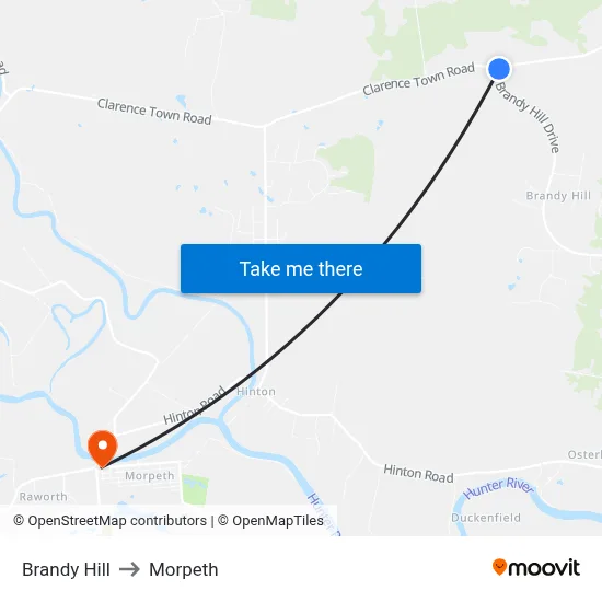 Brandy Hill to Morpeth map