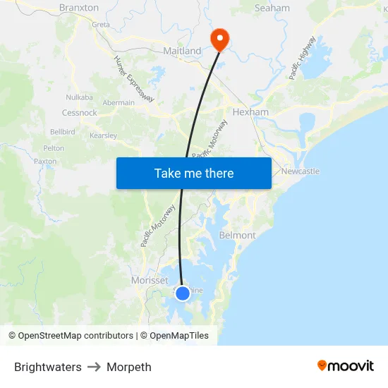Brightwaters to Morpeth map