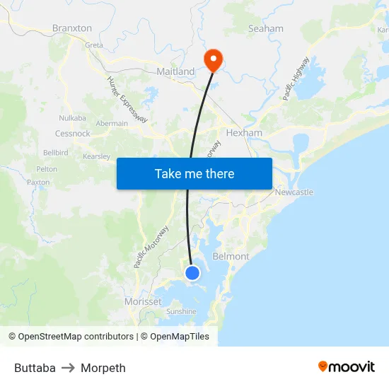 Buttaba to Morpeth map