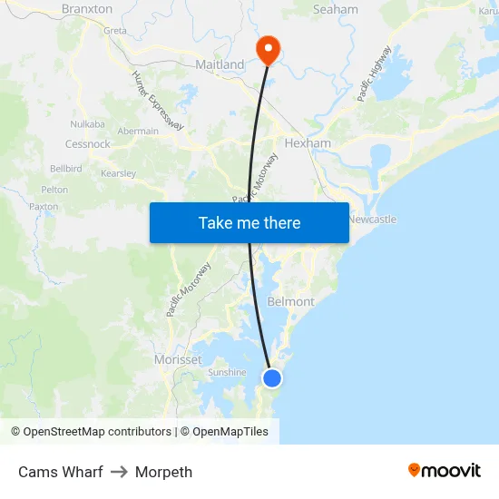 Cams Wharf to Morpeth map