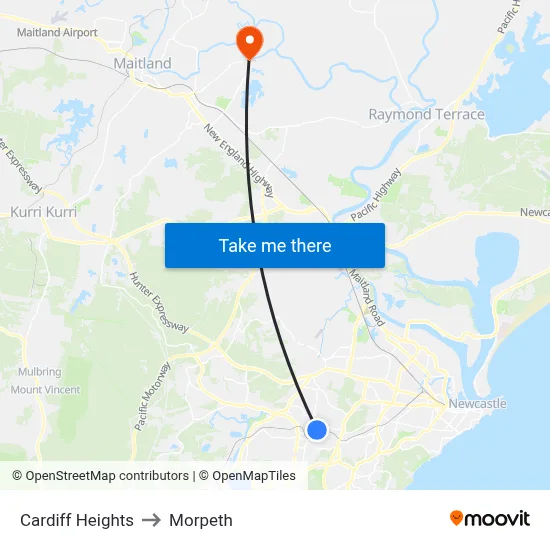 Cardiff Heights to Morpeth map