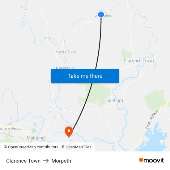 Clarence Town to Morpeth map