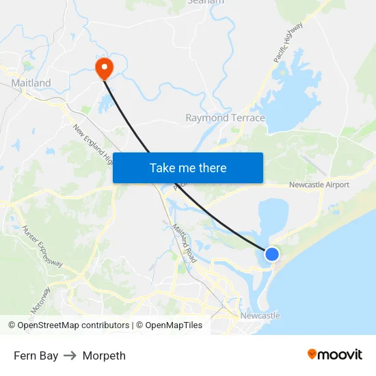 Fern Bay to Morpeth map