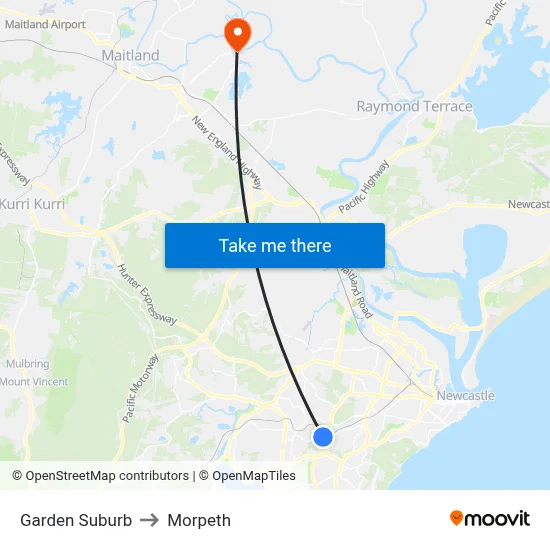 Garden Suburb to Morpeth map
