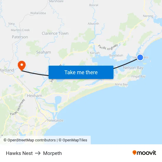 Hawks Nest to Morpeth map