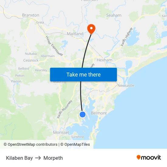 Kilaben Bay to Morpeth map