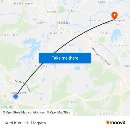 Kurri Kurri to Morpeth map