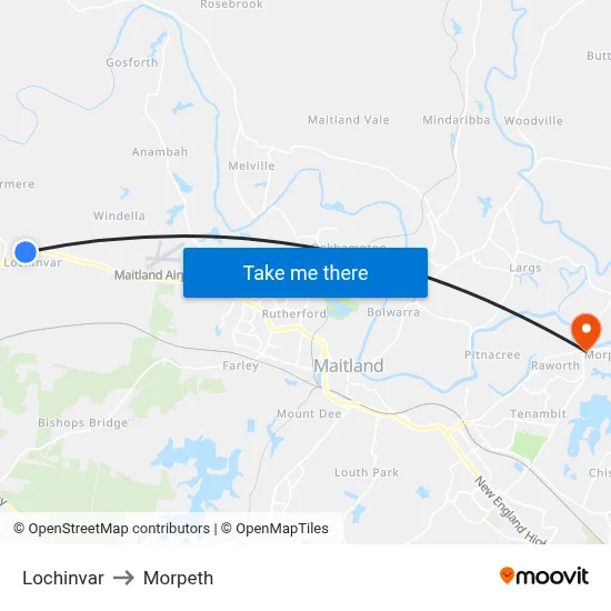 Lochinvar to Morpeth map