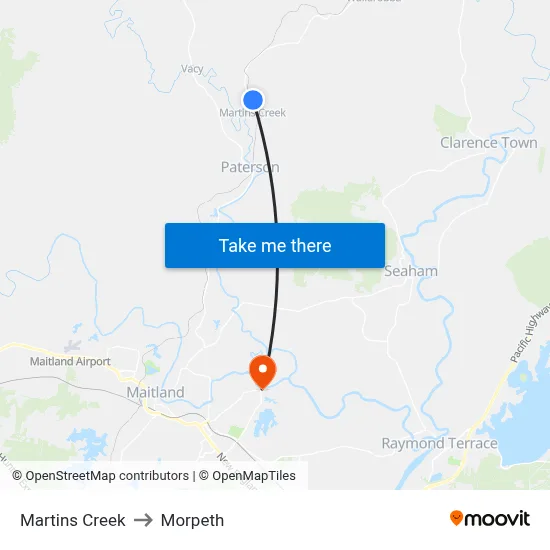 Martins Creek to Morpeth map