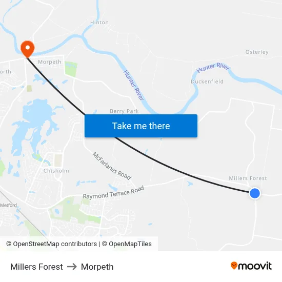 Millers Forest to Morpeth map