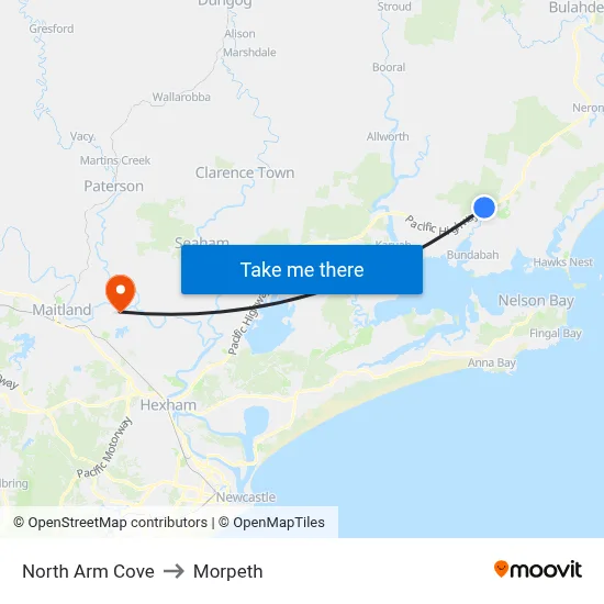 North Arm Cove to Morpeth map