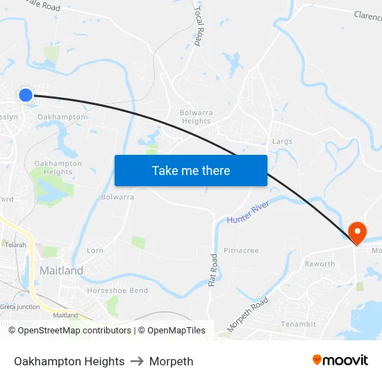 Oakhampton Heights to Morpeth map