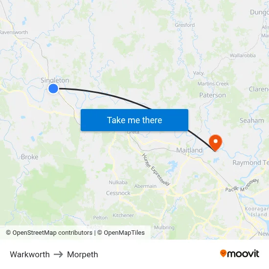 Warkworth to Morpeth map