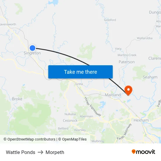 Wattle Ponds to Morpeth map