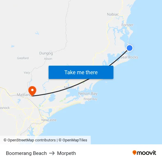 Boomerang Beach to Morpeth map