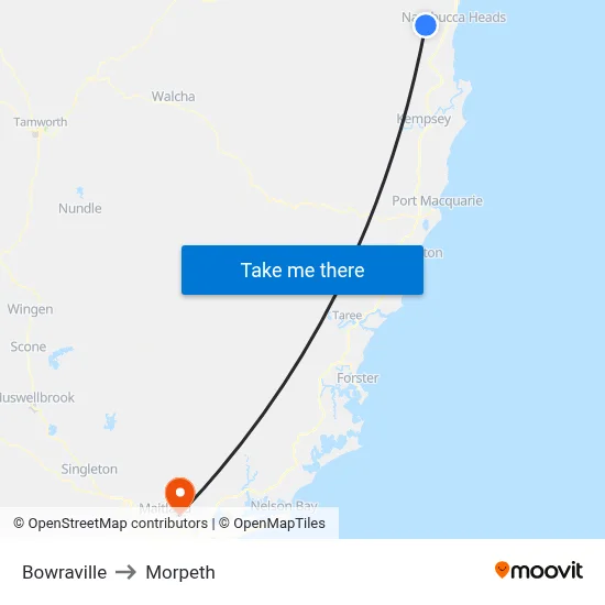 Bowraville to Morpeth map