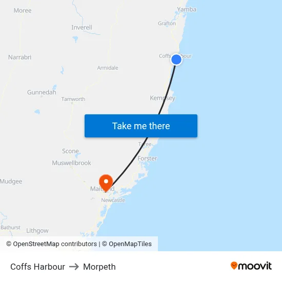 Coffs Harbour to Morpeth map