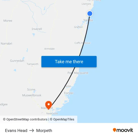 Evans Head to Morpeth map