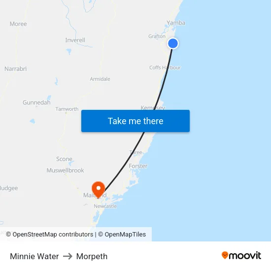 Minnie Water to Morpeth map