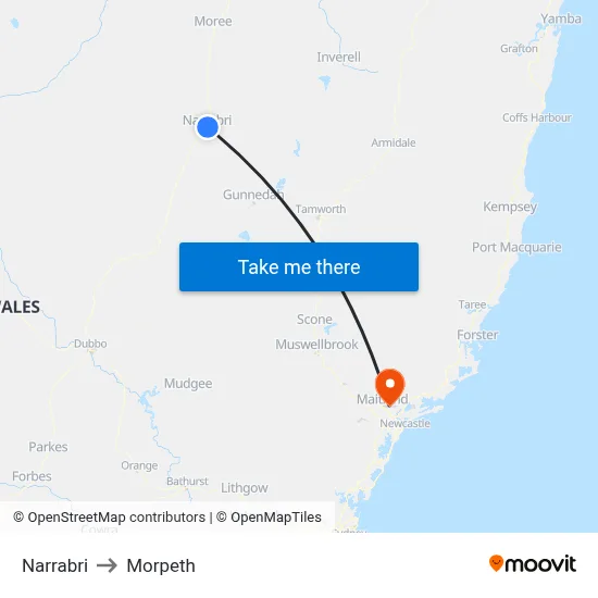 Narrabri to Morpeth map