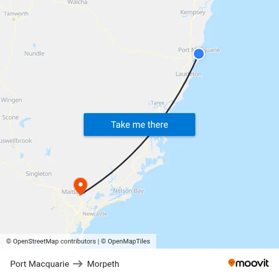 Port Macquarie to Morpeth map