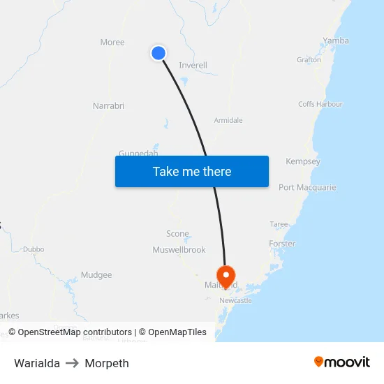 Warialda to Morpeth map